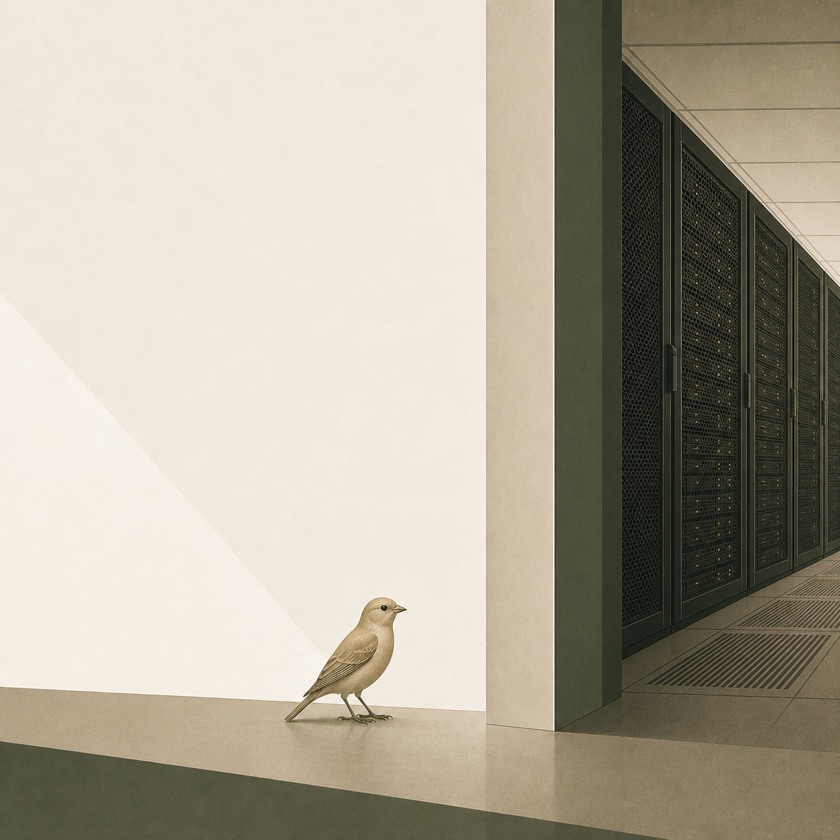 A lone canary beside towering data-center servers — the early-warning signal at the heart of AI safety